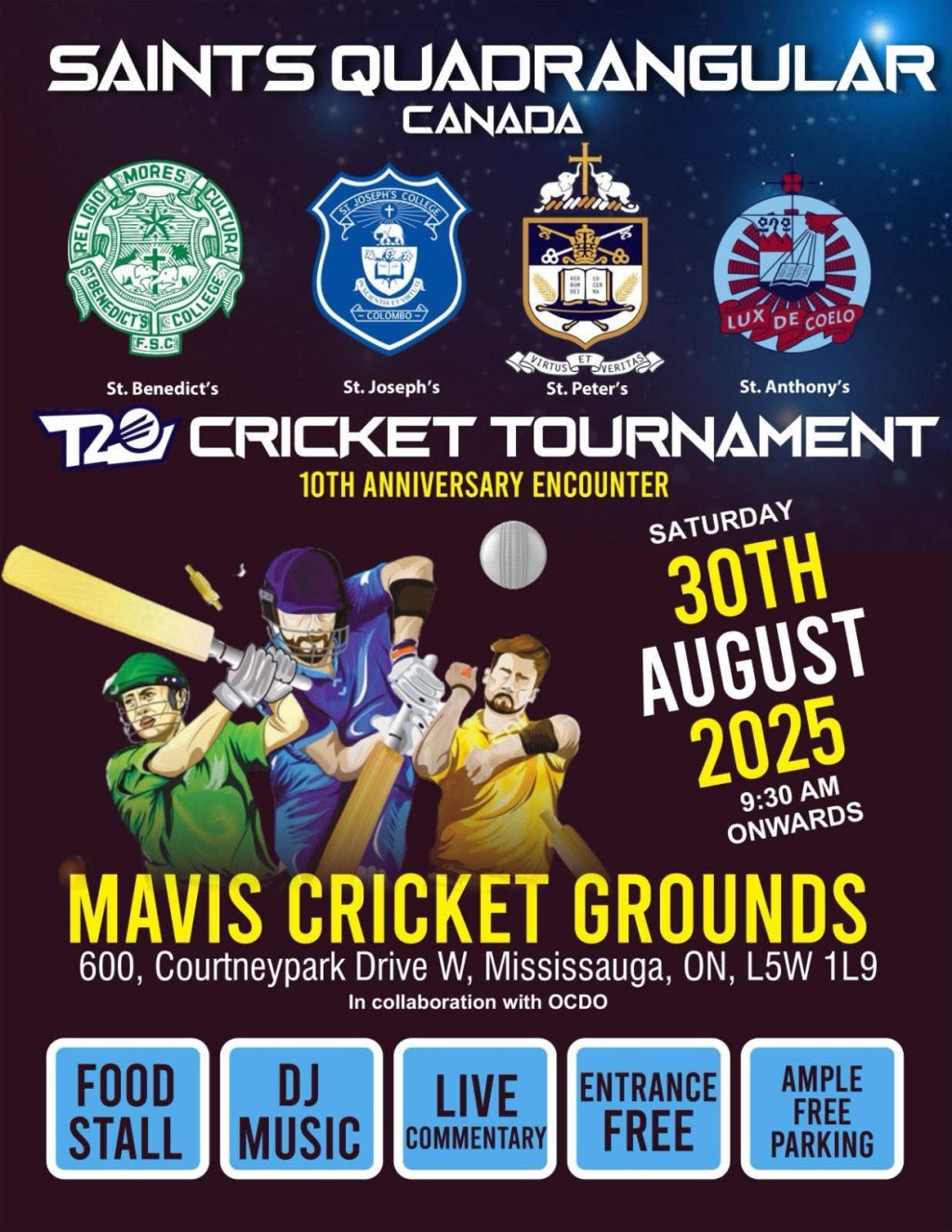 Saints Quadrangular T20 Cricket Tournament – 10th Anniversary Encounter! – Aug 30, 2025